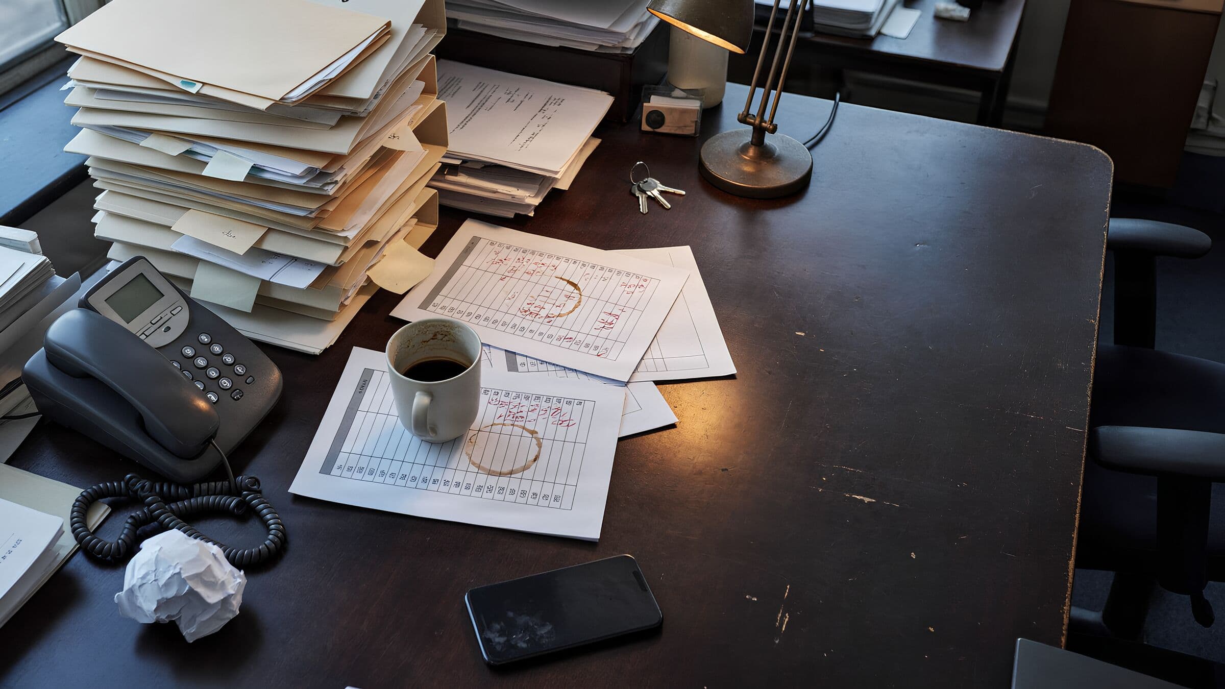 Ein voller Schreibtisch am Morgen: Ordner, ausgedruckte Tabellen, Telefon, kalter Kaffee.