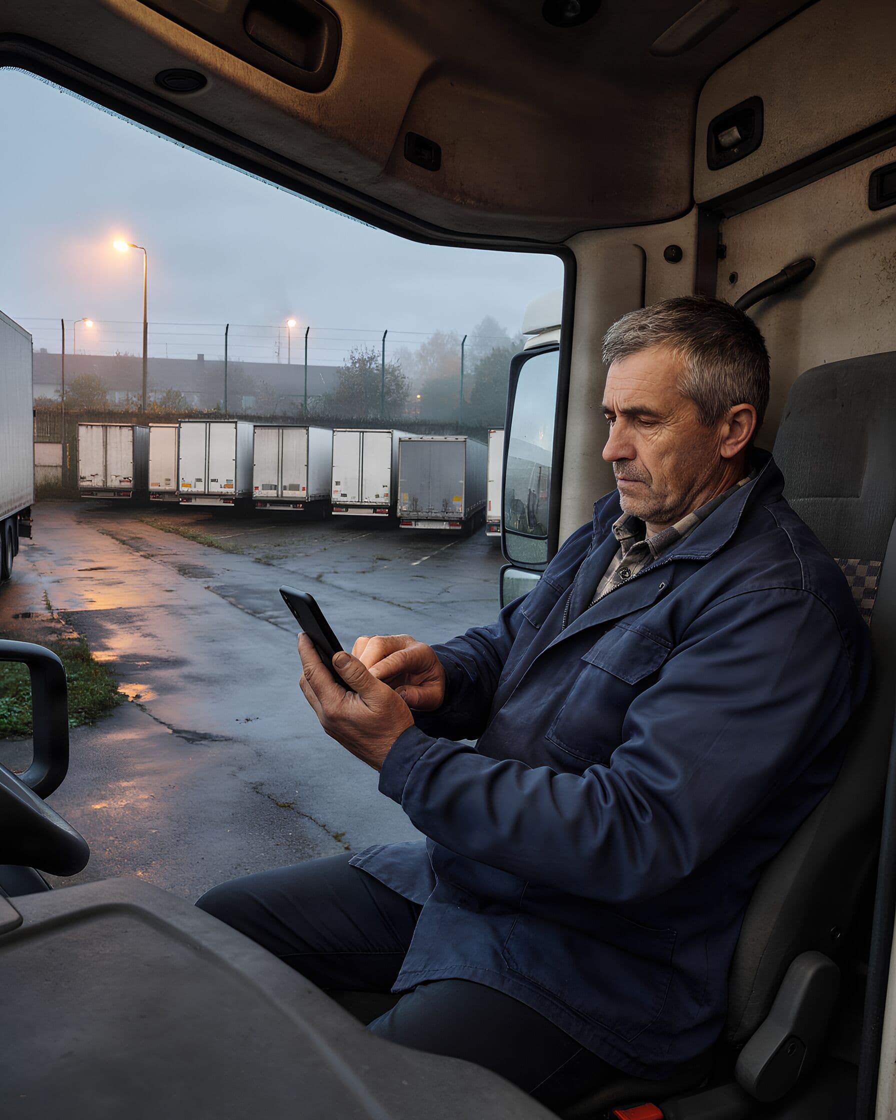 A truck driver types a message in the cab at dawn.