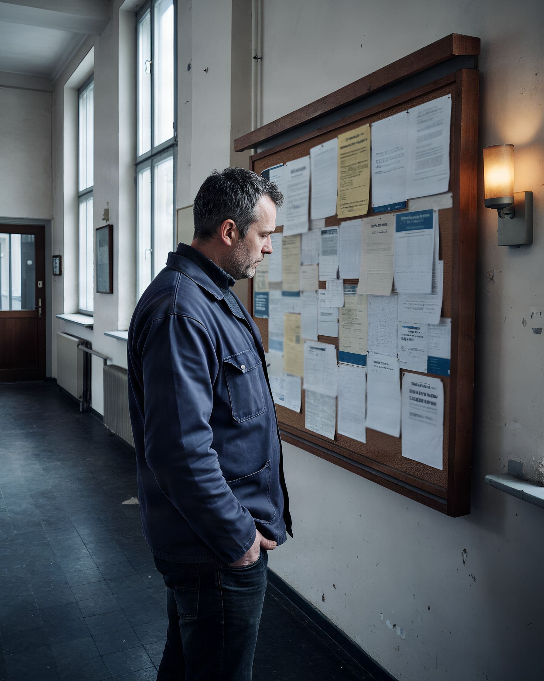 A tradesman reads the notices on the board in a town hall corridor.