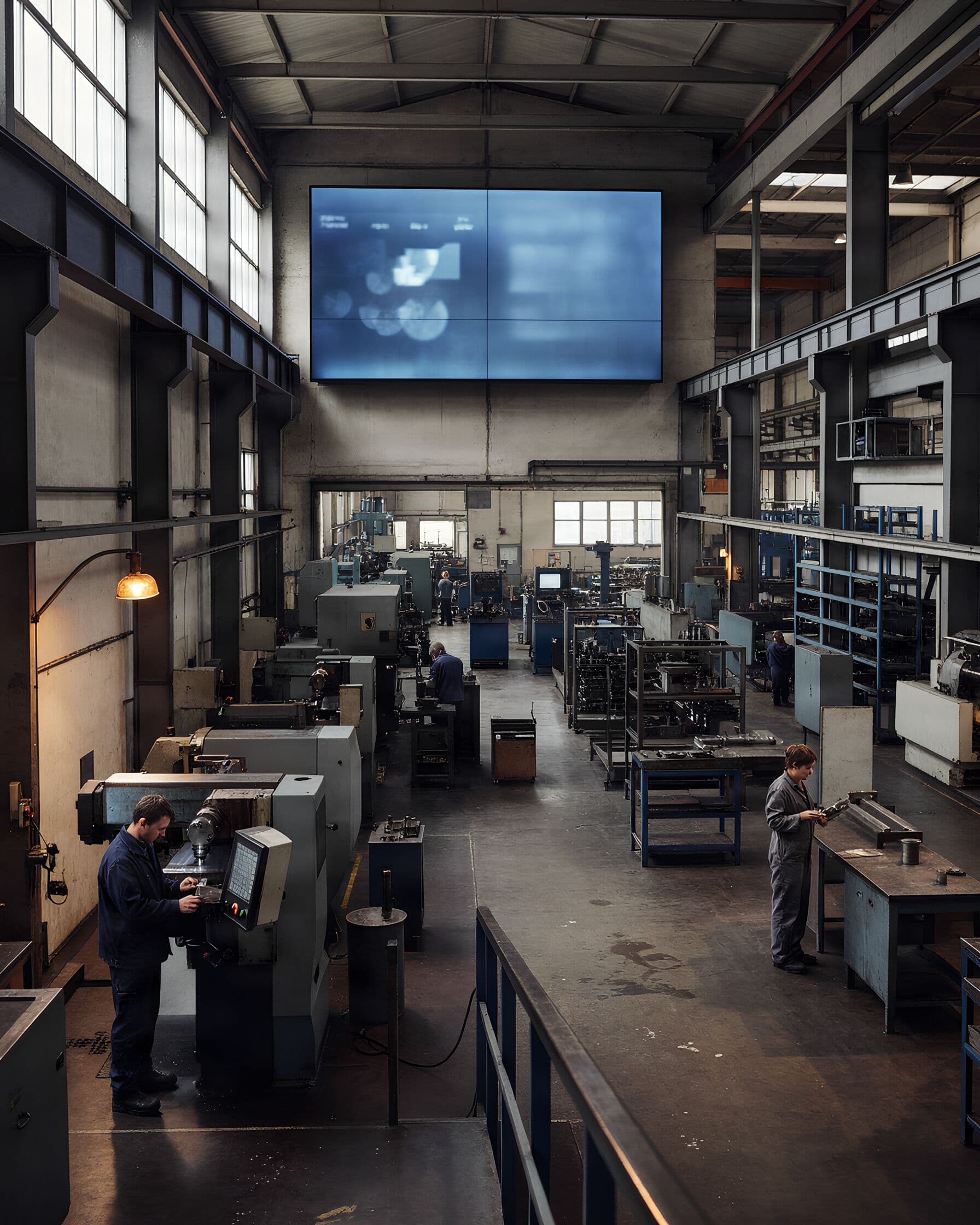 A production hall with a large display above the machines.